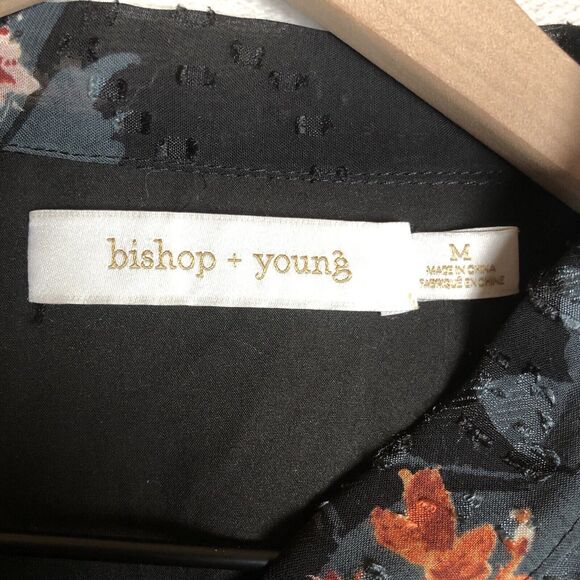 BISHOP + YOUNG Maxi Dress Sz M Floral Chiffon Smocked Waist Cuffs Lined Tie Neck - Picture 4 of 16